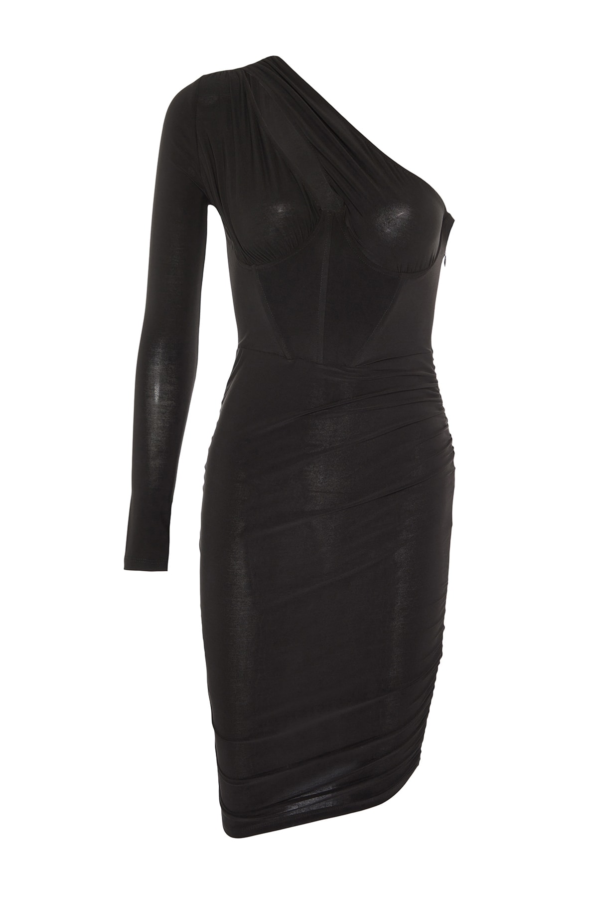 Rochie de seara tricotata tricotata Trendyol Black Draped Detailed Single Sleeve