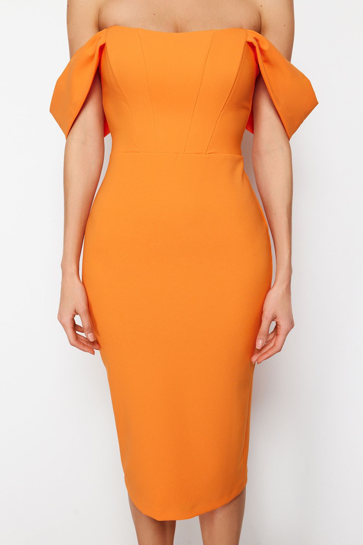 Trendyol Orange Fitted Corset Detailed Woven Elegant Evening Dress
