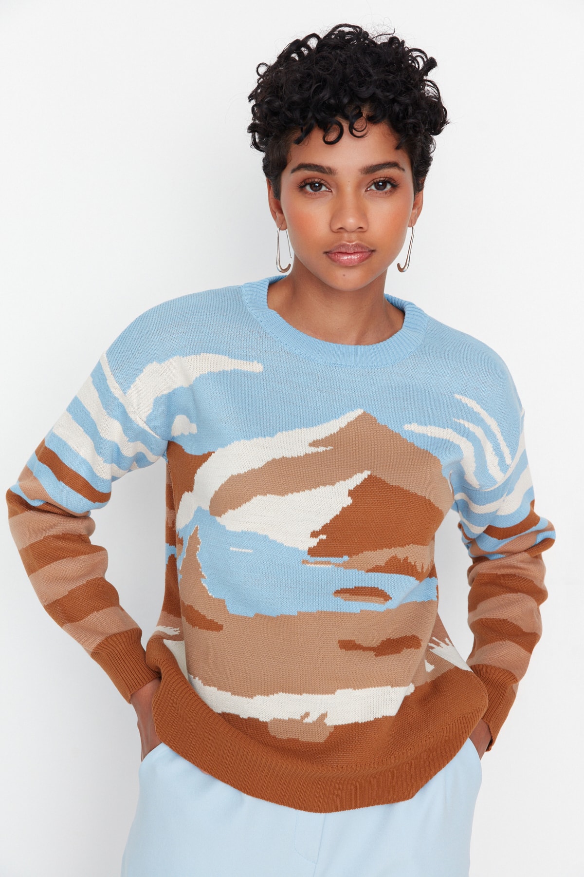 Trendyol Blue Landscape Jacquard-Knitwear Sweater