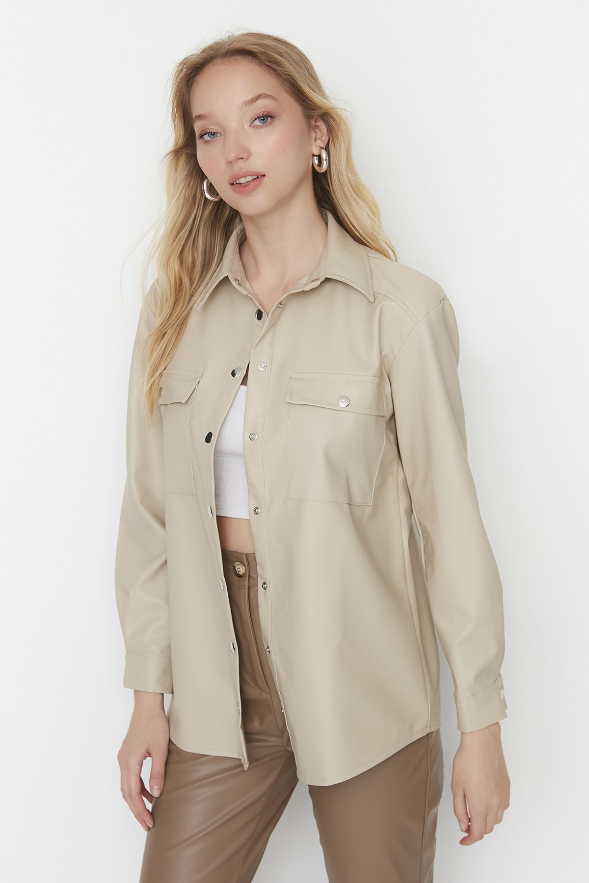Trendyol Stone Woven Faux Leather Shirt with Double Pockets