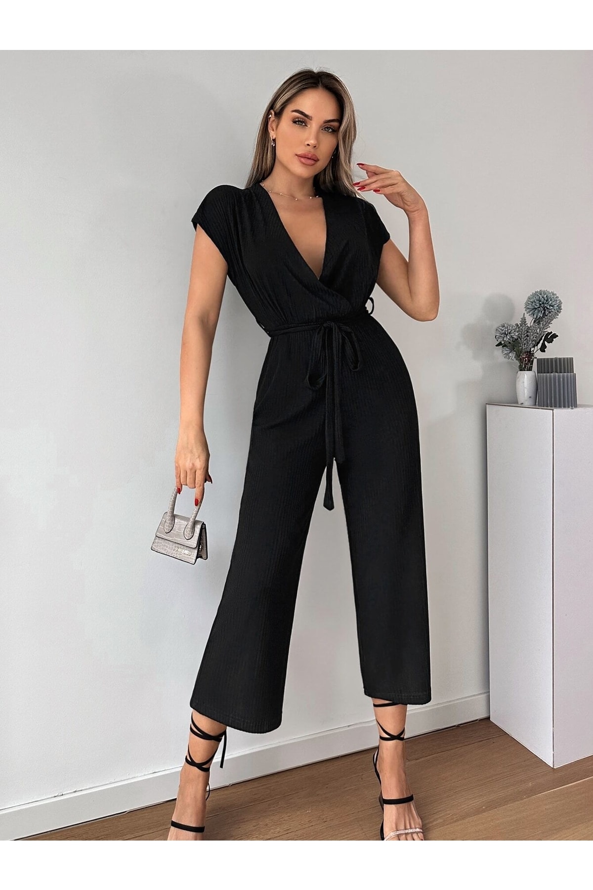 armonika Women's Black Double Breasted Overalls With Belted Waist