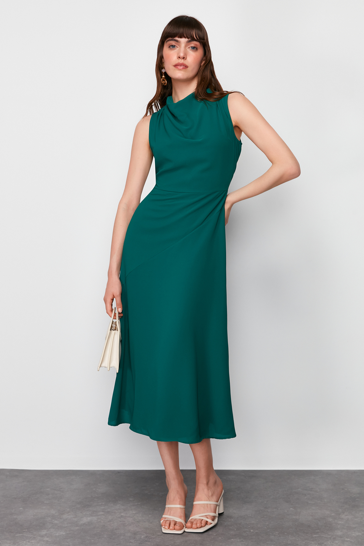 Trendyol Emerald Green Degaje Collar Skirt Cut Detail Woven Midi Dress