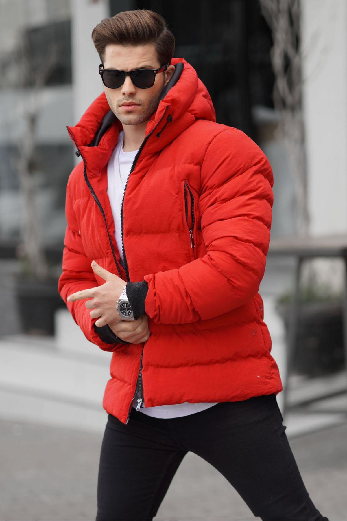 Levně Madmext Men's Red High Neck Hooded Down Coat 6805