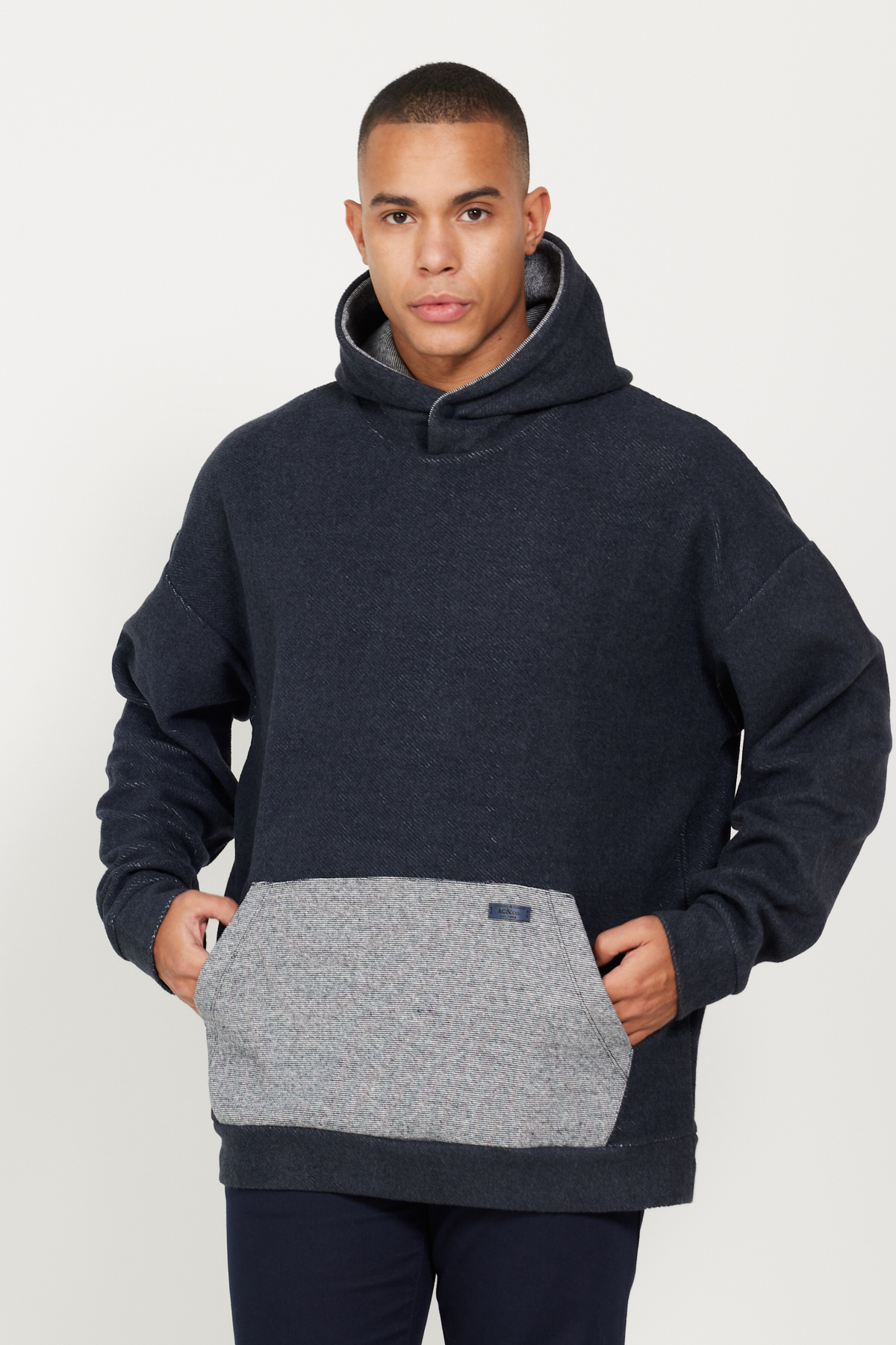 AC&Co / Altınyıldız Classics Men's Indigo Melange Oversize Loose-Fit Fleece 3 Thread Hooded Sweatshirt