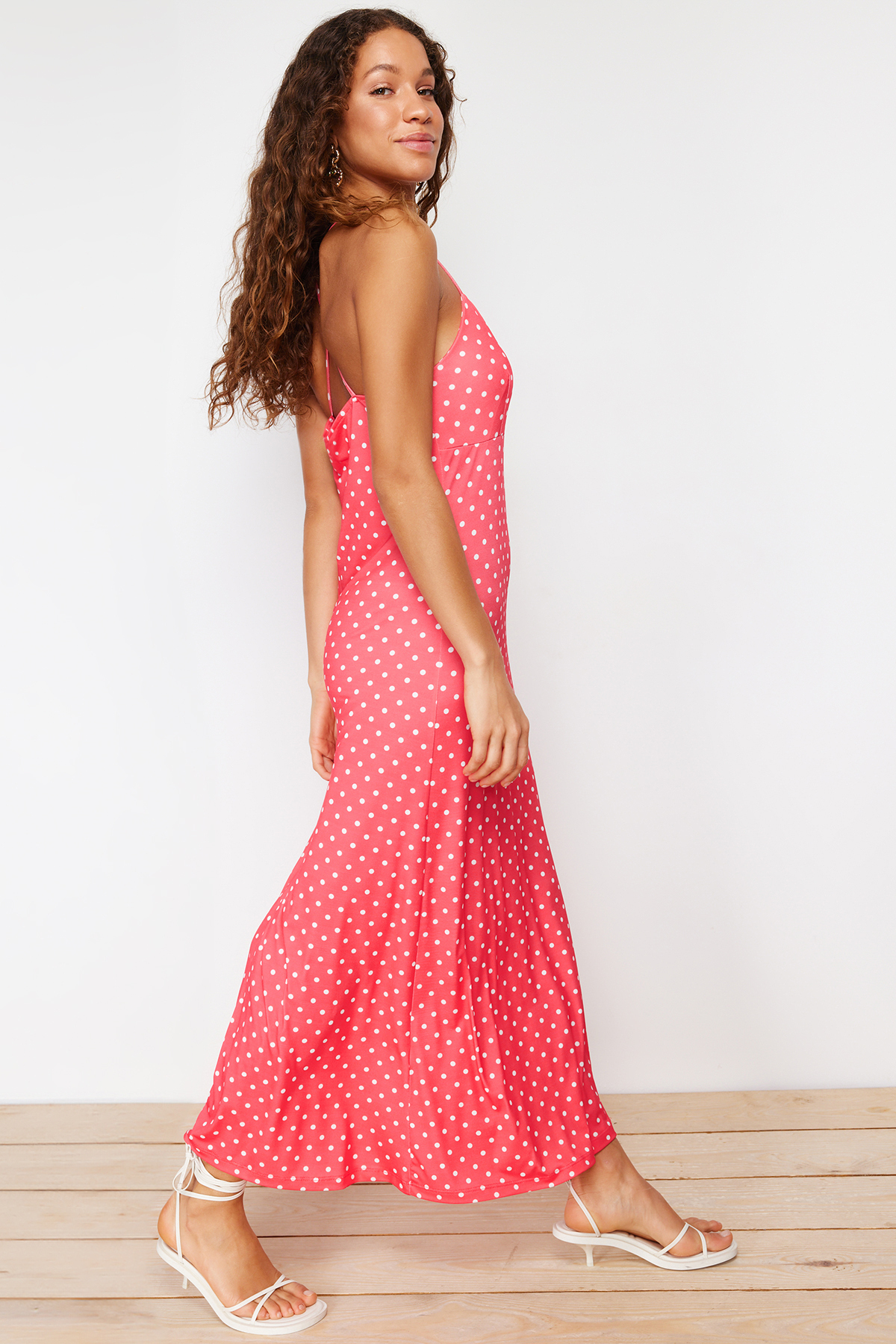 Trendyol Red Adjustable Strap Polka Dot A Cut/Bell Shape Flexible Knitted Maxi Dress