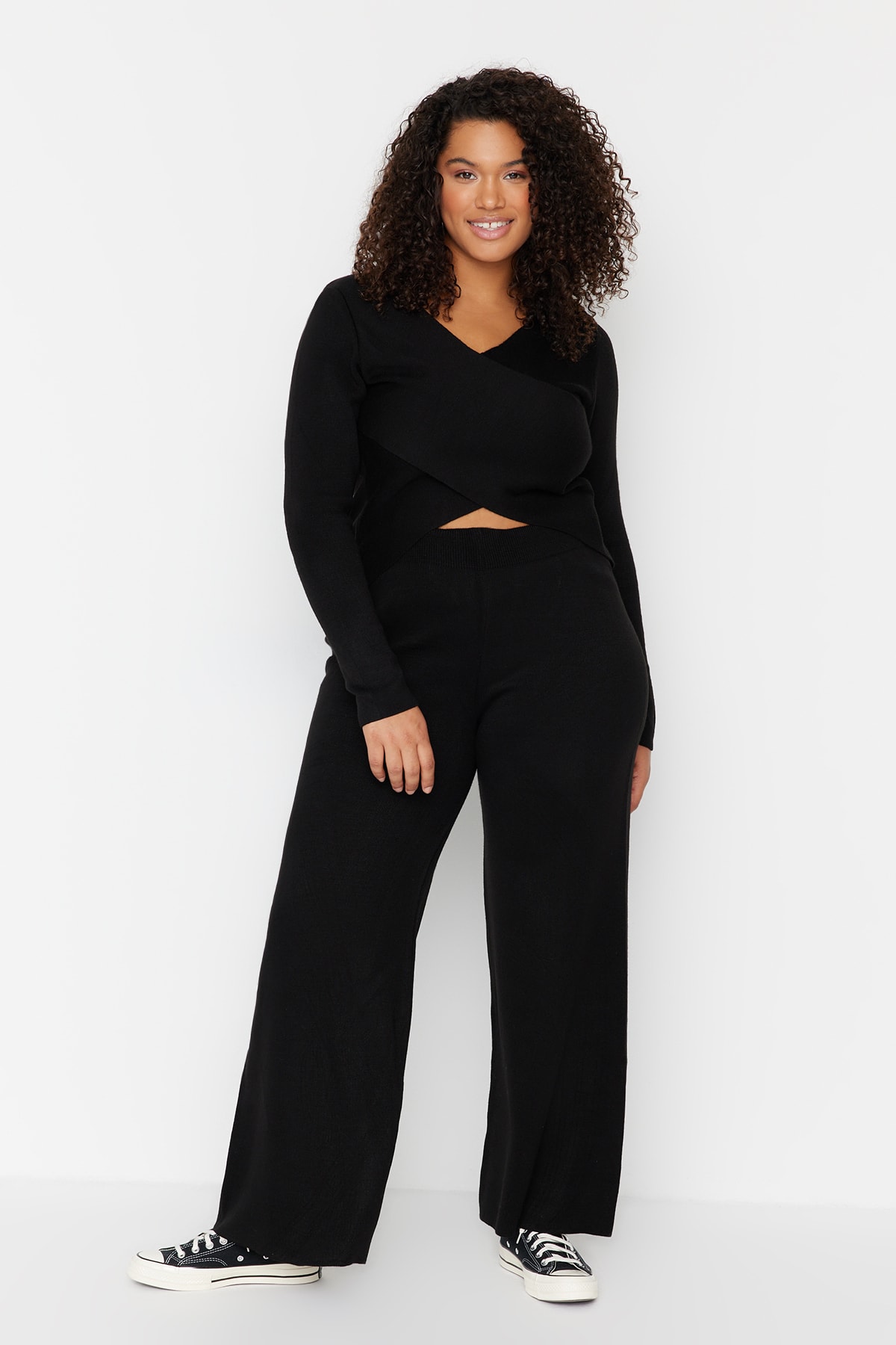 Trendyol Curve Black Double Breasted Knitwear Top and Bottom Set