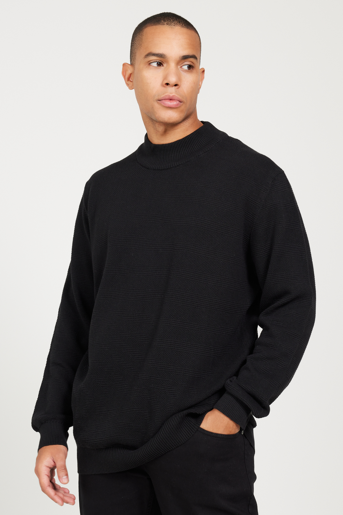 Levně AC&Co / Altınyıldız Classics Men's Black Standard Fit Regular Cut Half Turtleneck Cotton Jacquard Knitwear Sweater