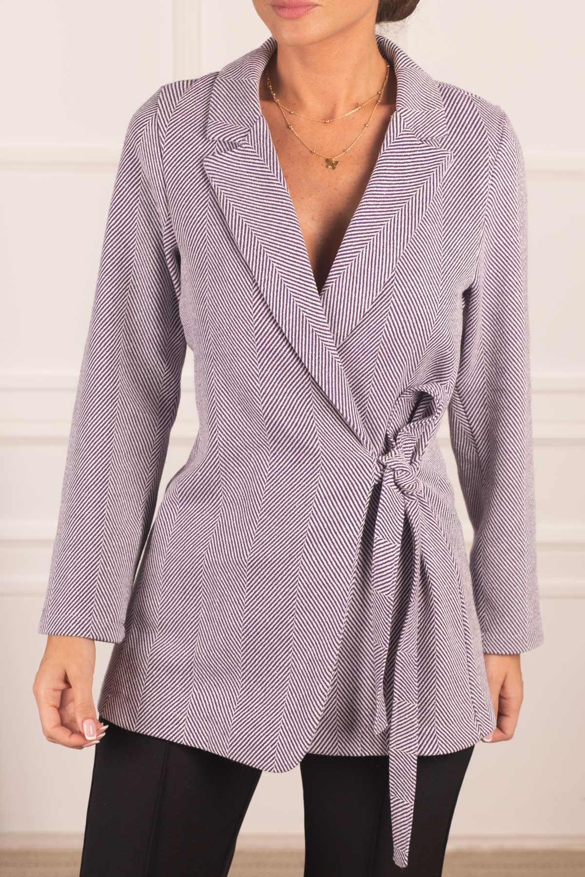 armonika Women's Purple Tie Herringbone Patterned Cachet Jacket