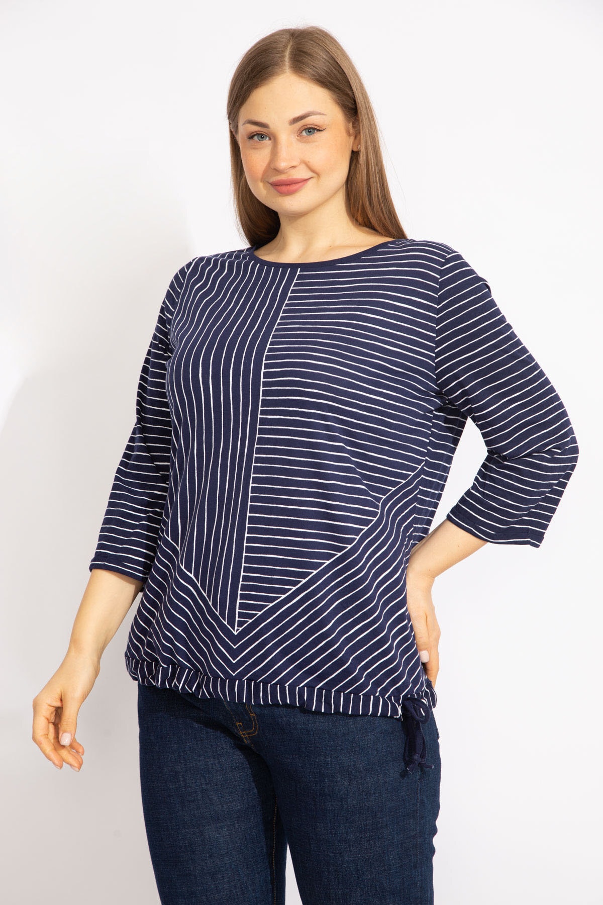 Levně Şans Women's Navy Blue Plus Size Cotton Fabric Striped Combine Blouse