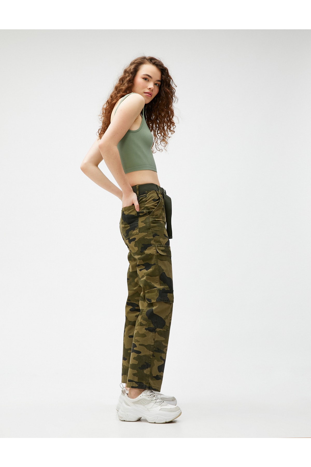 Koton Cargo Pants Camouflage Patterned Belt Detailed Pockets