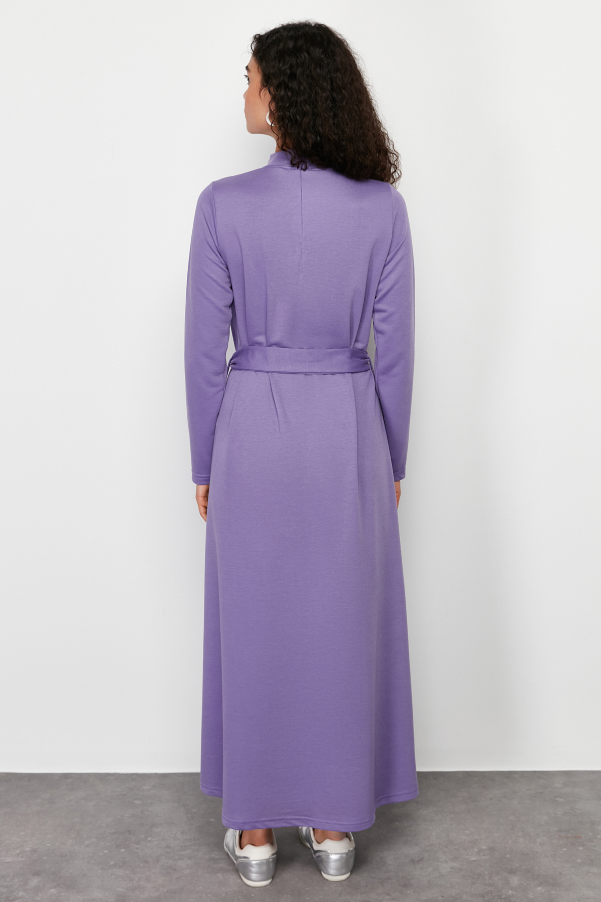 Trendyol Lilac Belted Stand Collar Knitted Dress