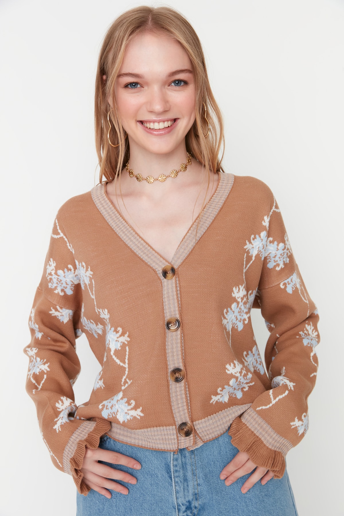 Trendyol Camel Jacquard Knitwear Cardigan