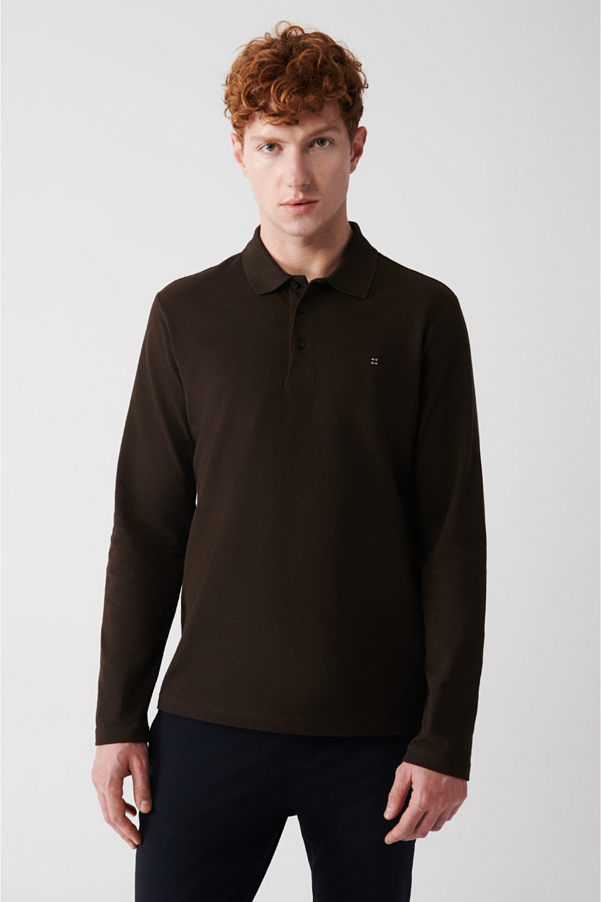 Avva Men's Brown Sweatshirt 3 Buttons Polo Neck 100% Cotton Basic Regular Fit