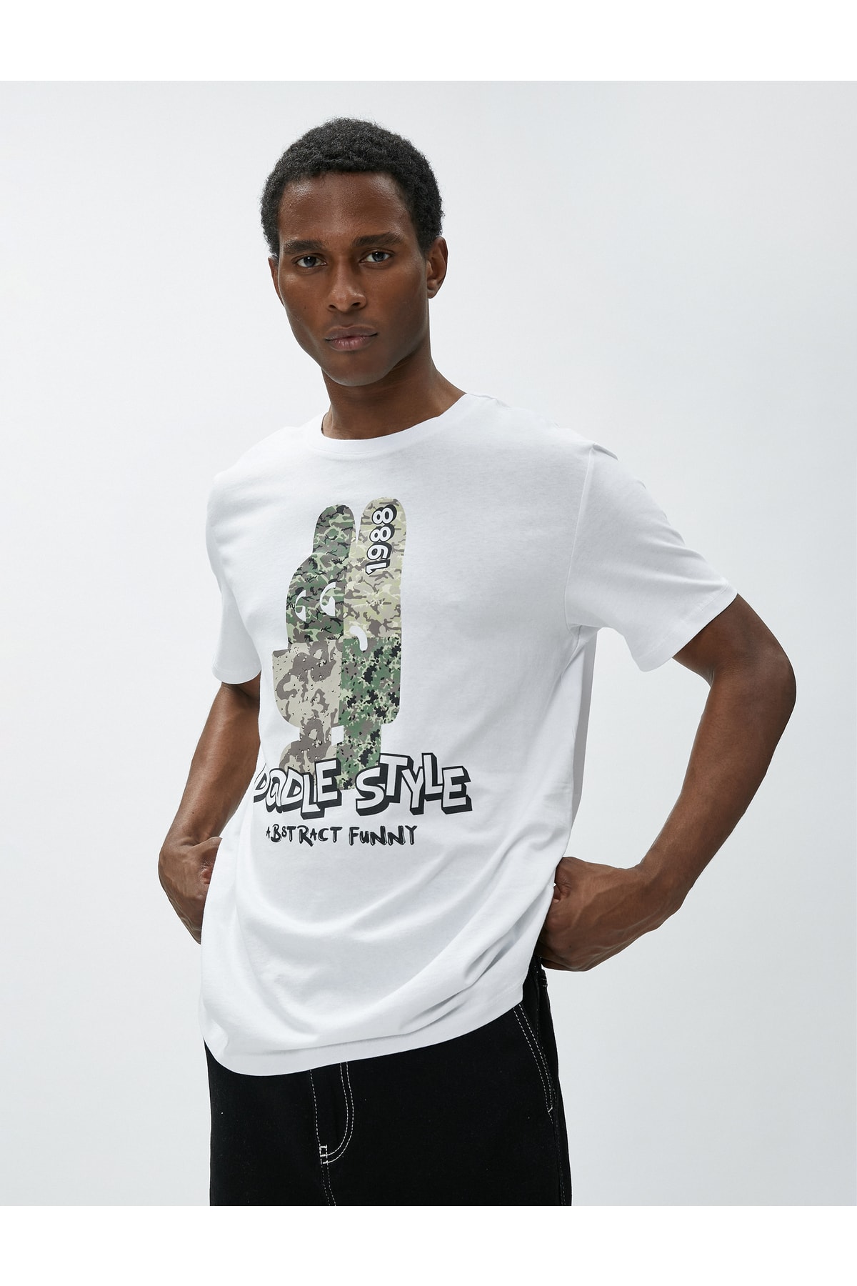 Koton College T-Shirt Printed Camouflage Detail Crew Neck