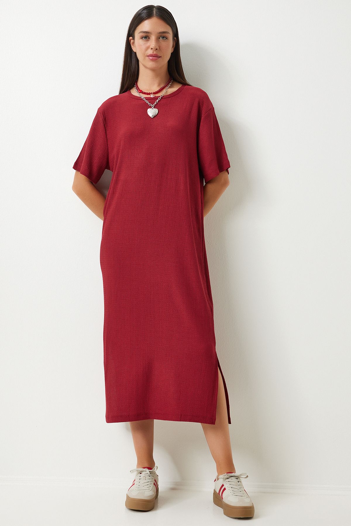 Happiness İstanbul Women's Burgundy Loose Long Daily Summer Knitted Dress