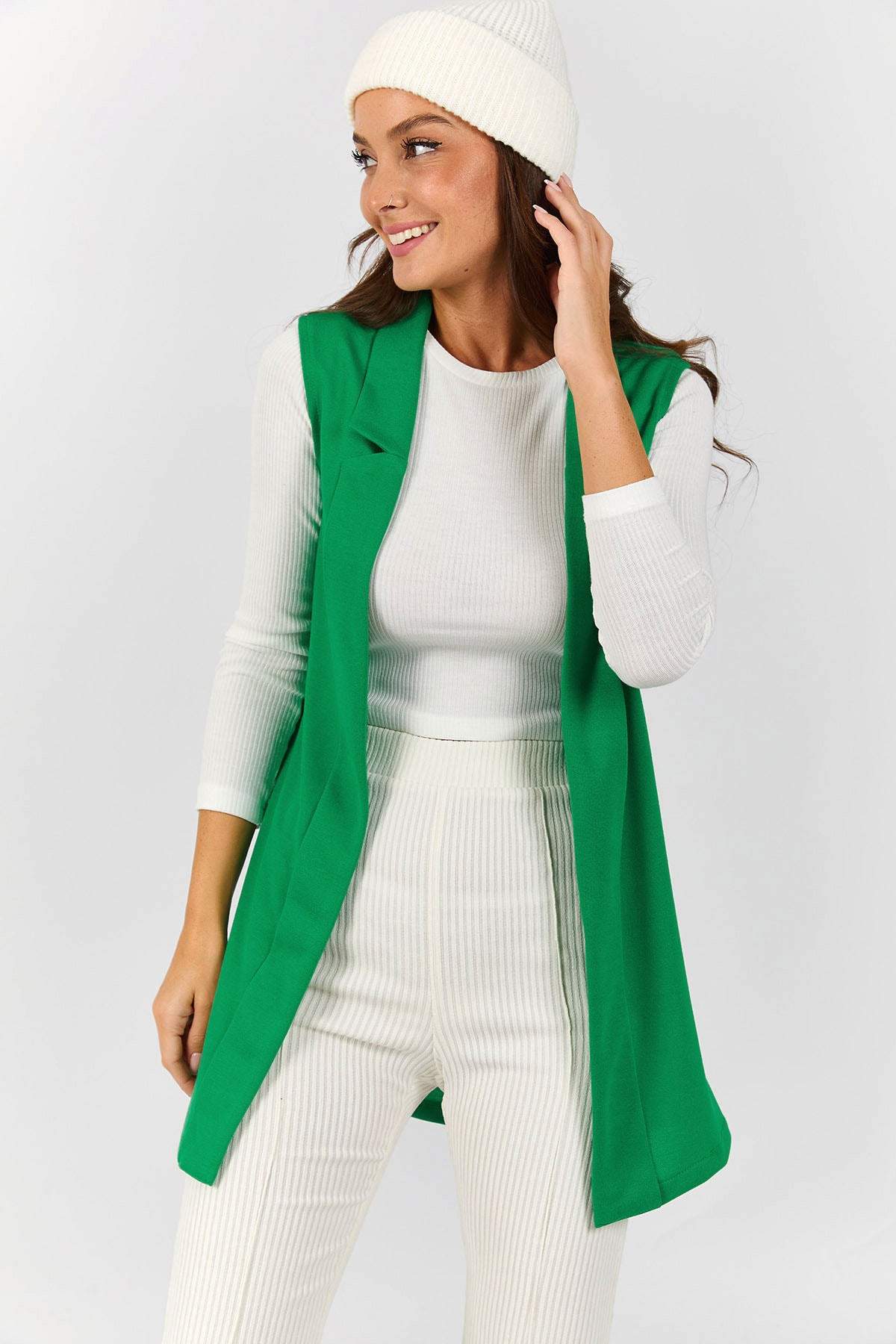 Armonika Women's Green Collar Long Vest