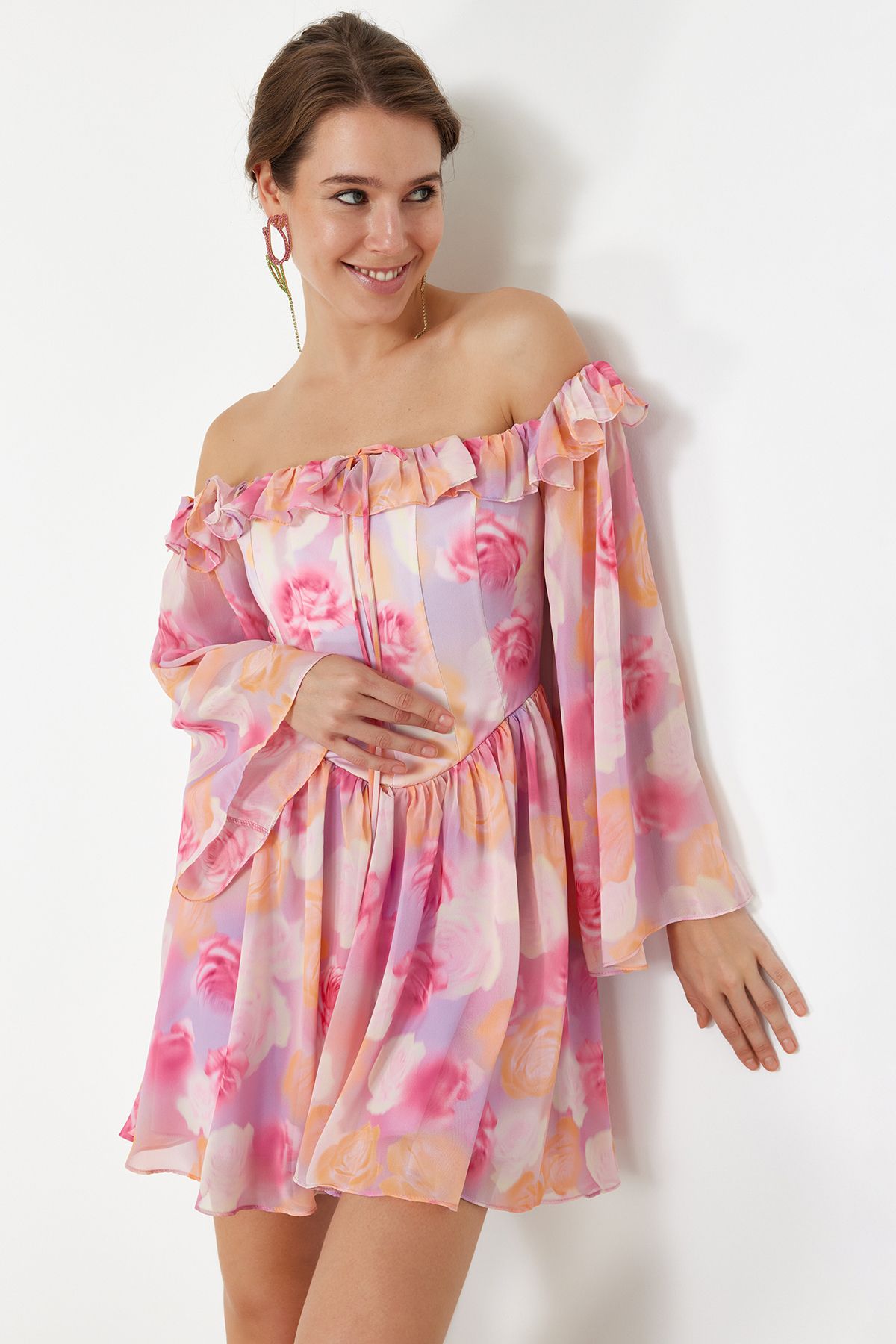 Trendyol Multicolored A-Line Lined Flounce Woven Chiffon Short Elegant Evening Dress