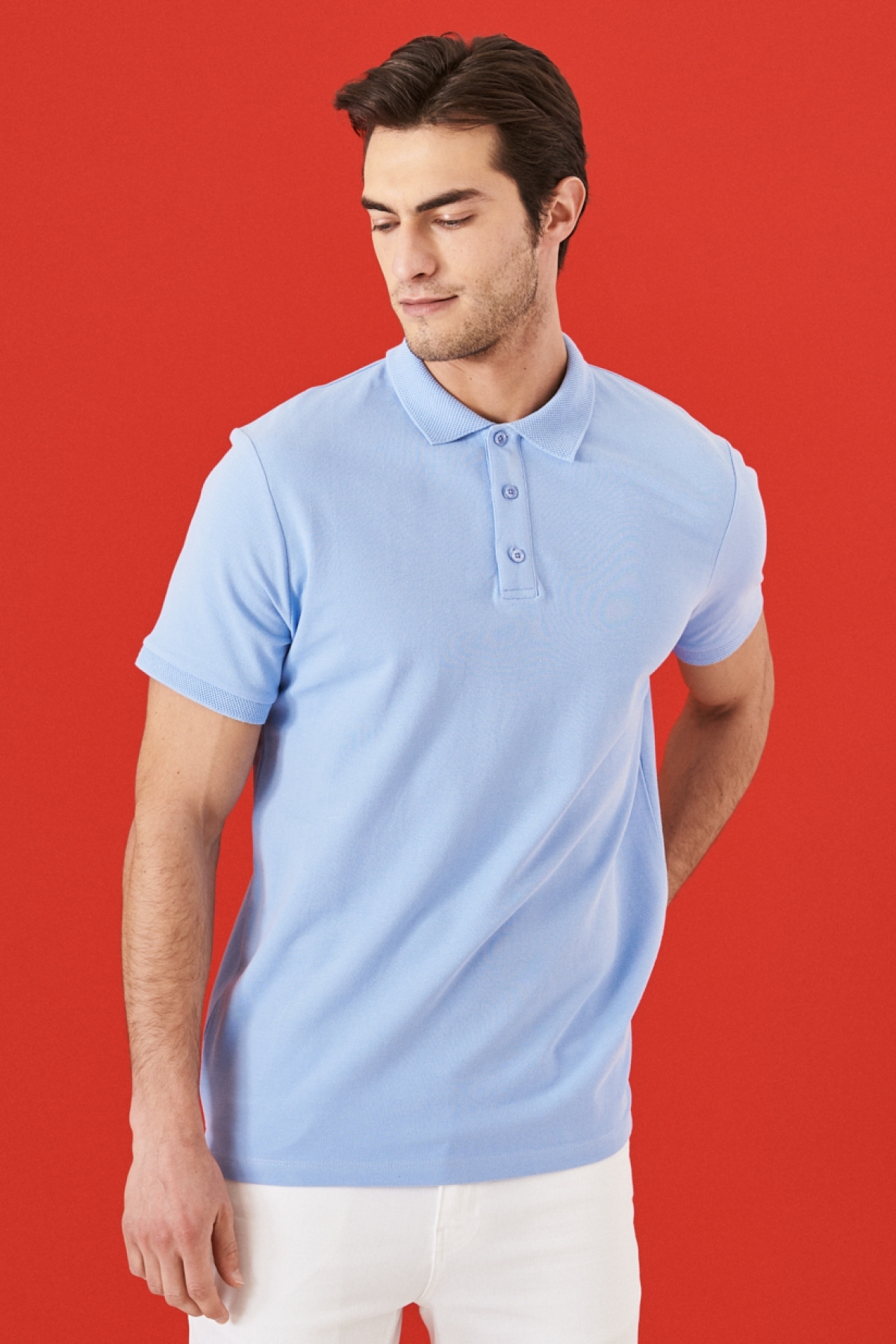 Levně ALTINYILDIZ CLASSICS Pánské světle modré 100% bavlna rolovací límec slim fit slim fit polo neck tričko s krátkým rukávem