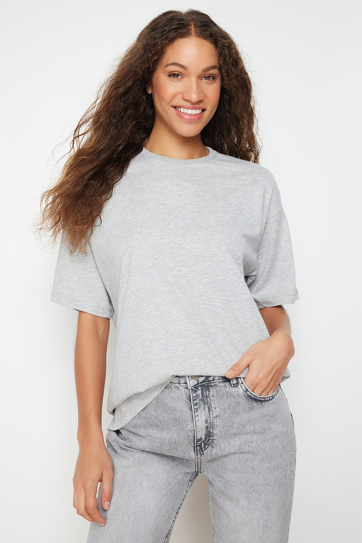 Trendyol Gray Melange 100 Cotton Crew Neck Oversize/Wide Fit Knitted T-Shirt