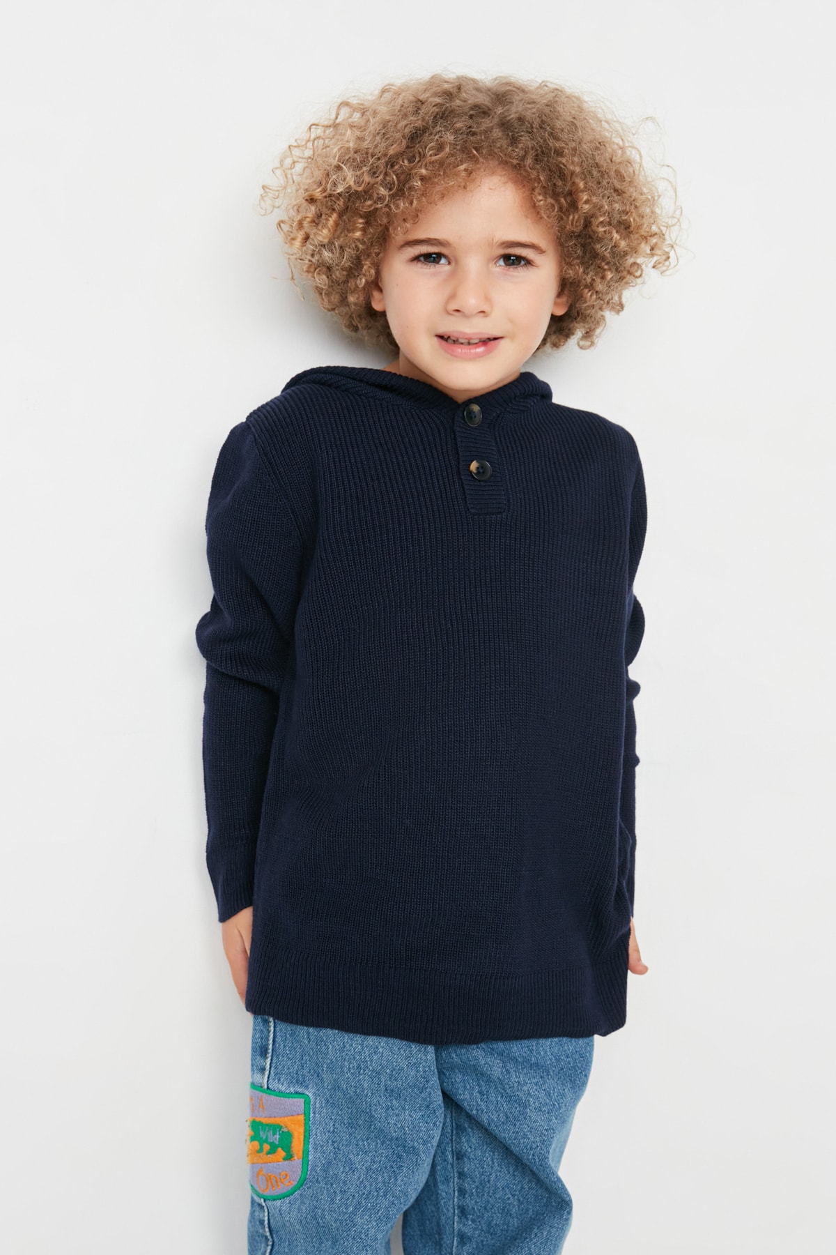 Levně Trendyol Navy Blue Hooded Boy Knitwear Sweater