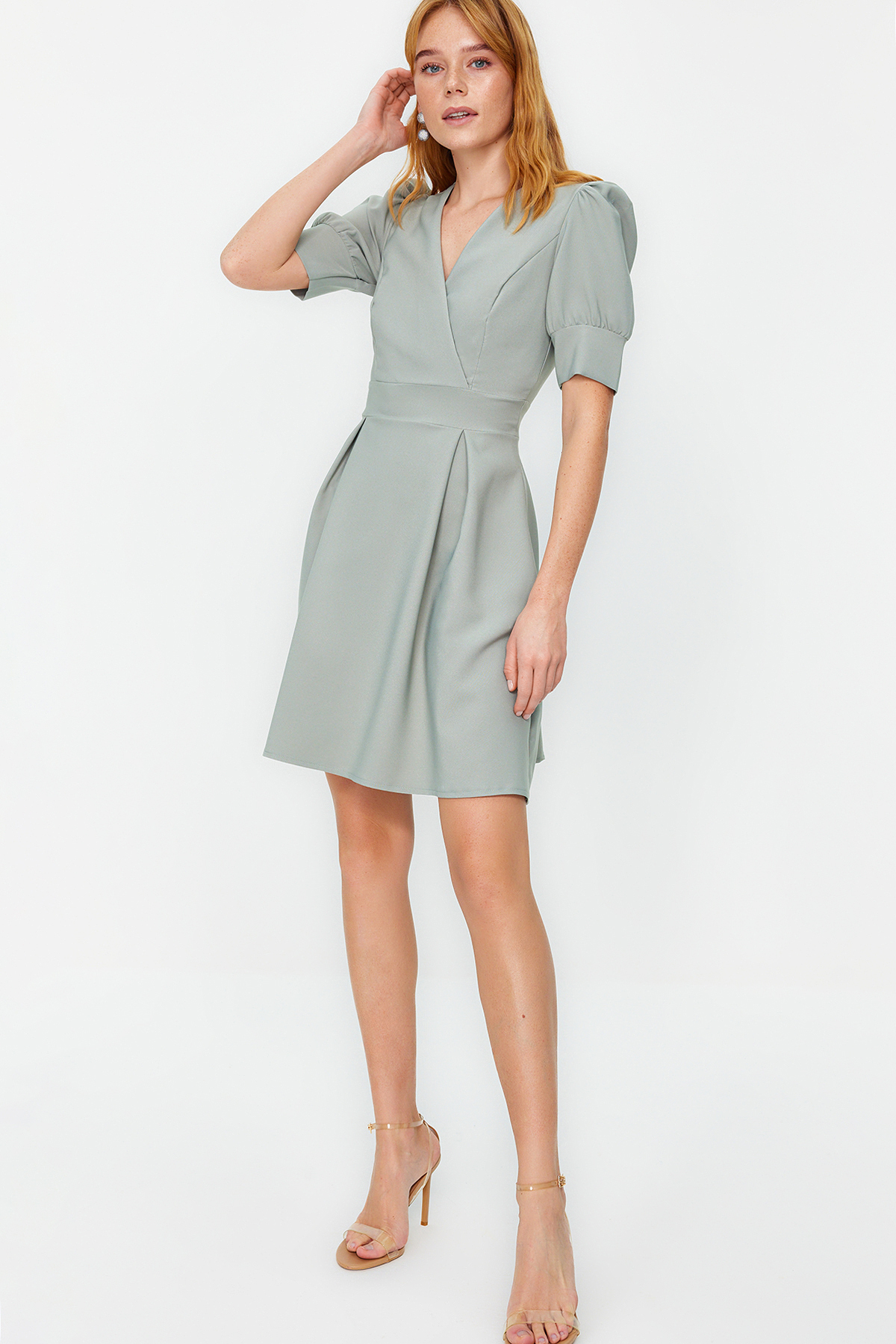 Trendyol Mint Waist Opening Mini Lined Double Breasted Collar Pleated Woven Dress