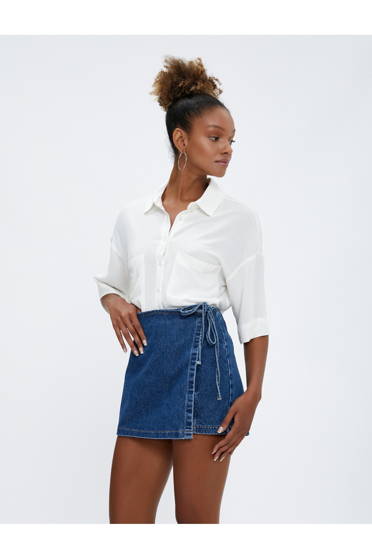 Levně Koton Crop Shirt Linen Blend Off Shoulder Short Sleeve Pocket Detailed