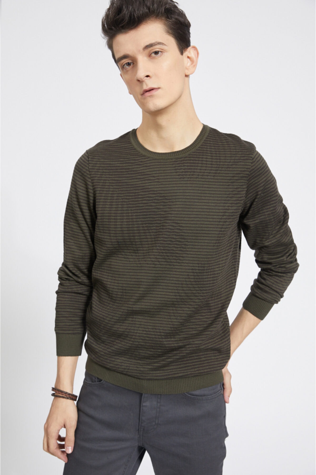 Avva Men's Khaki Crew Neck Jacquard Sweater