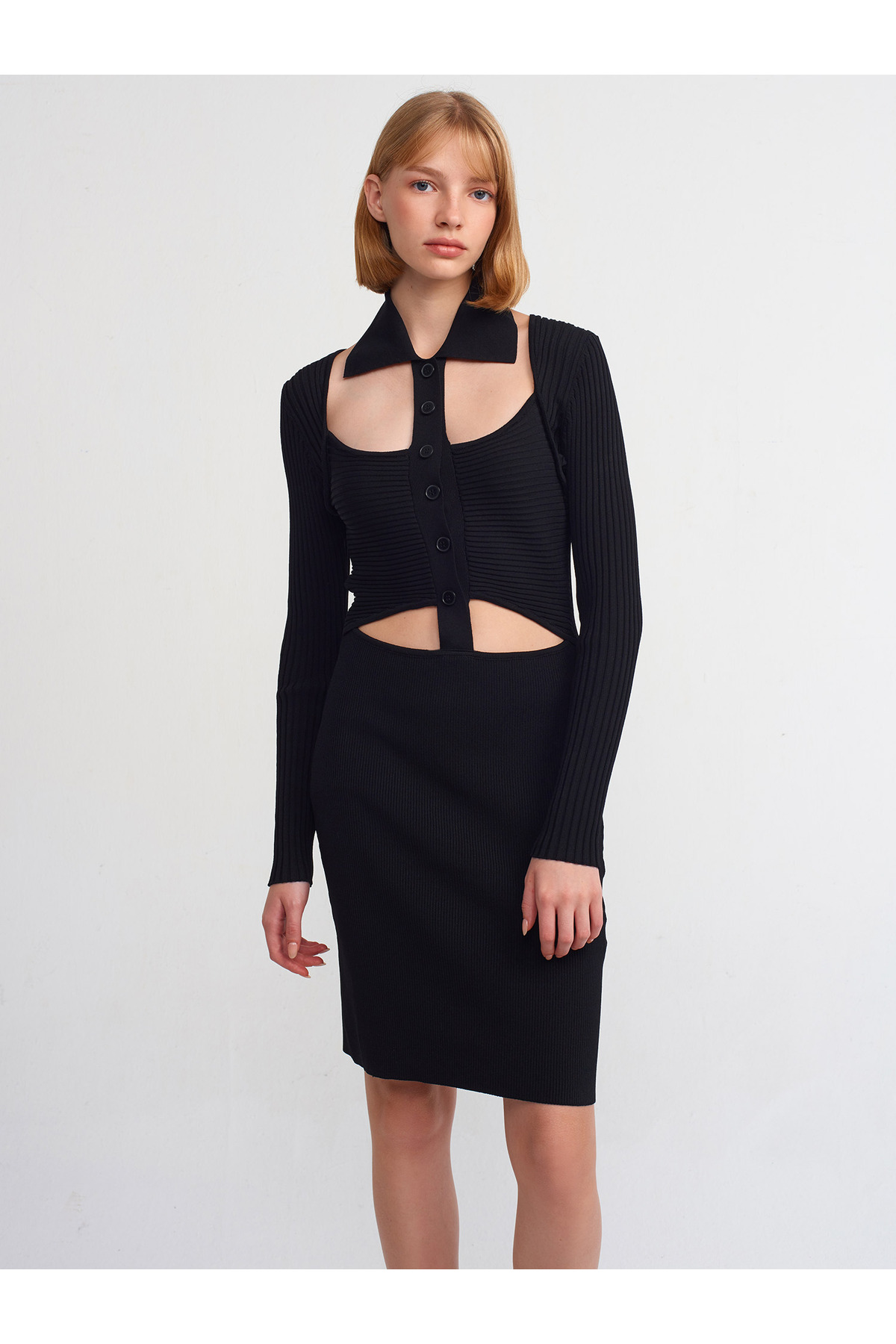 Levně Dilvin 90143 Polo Neck Buttoned Knitwear Dress-Black