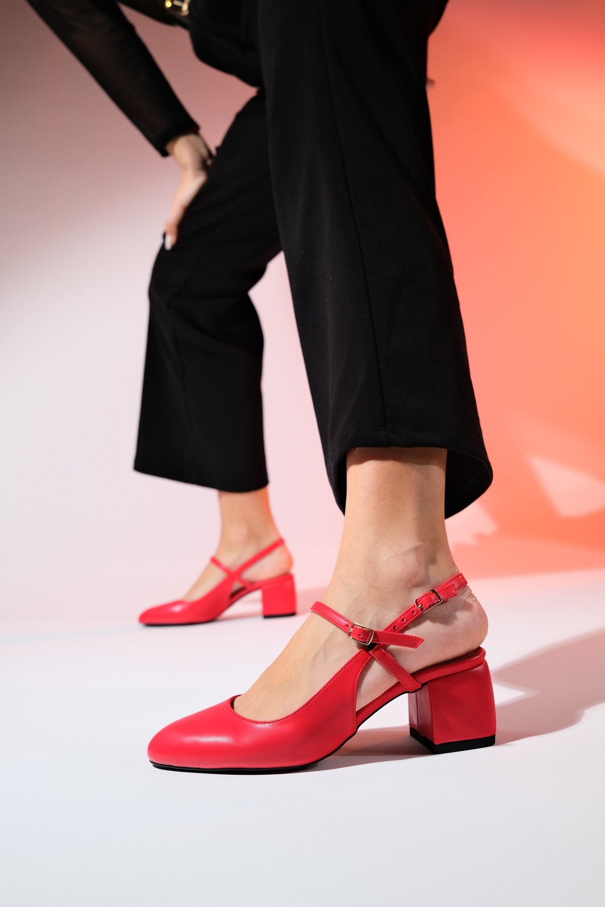 Levně LuviShoes MEDJA Women's Red Skin Open Back Chunky Heel Shoes