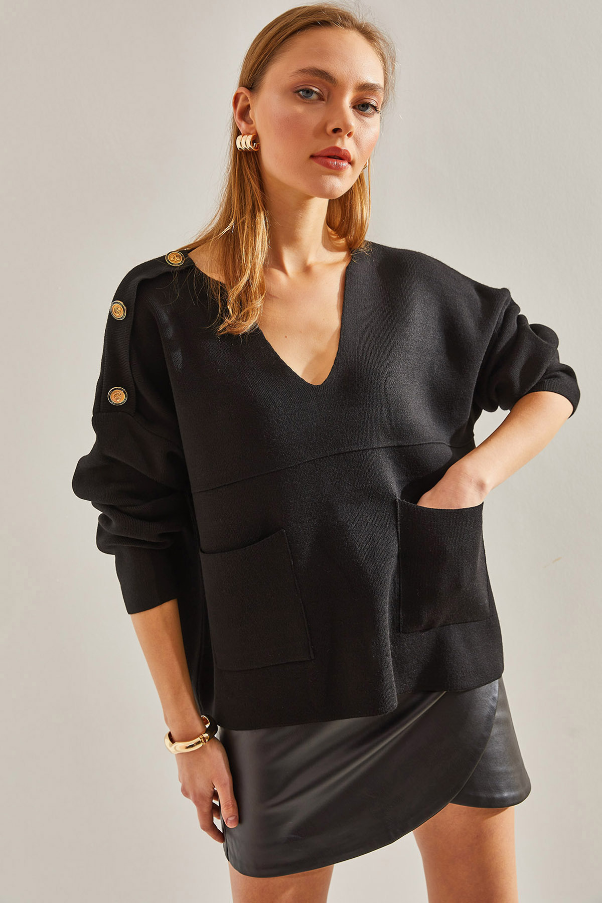 Levně Bianco Lucci Women's Shoulder Button Pocket Knitwear Sweater