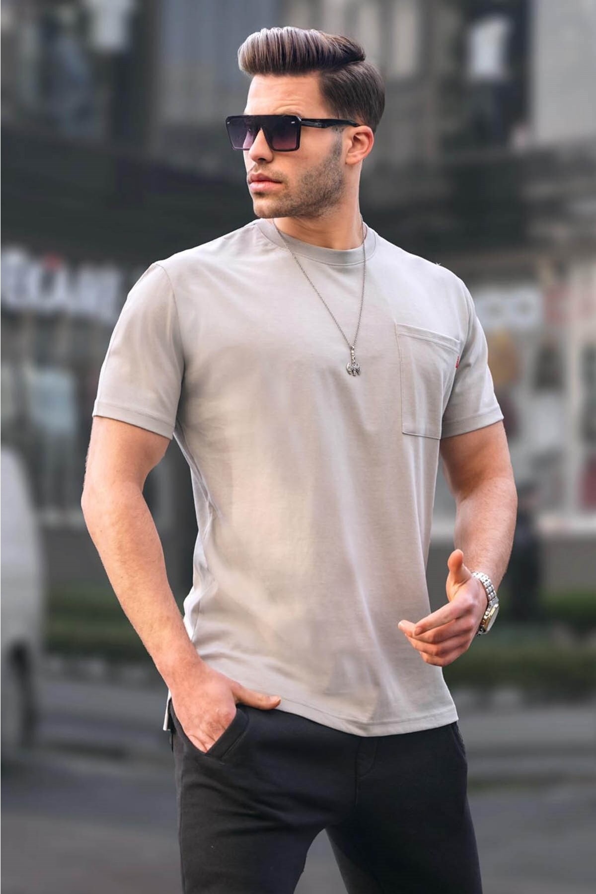 Madmext Dyed Gray Pocket Basic Men's T-Shirt 6078