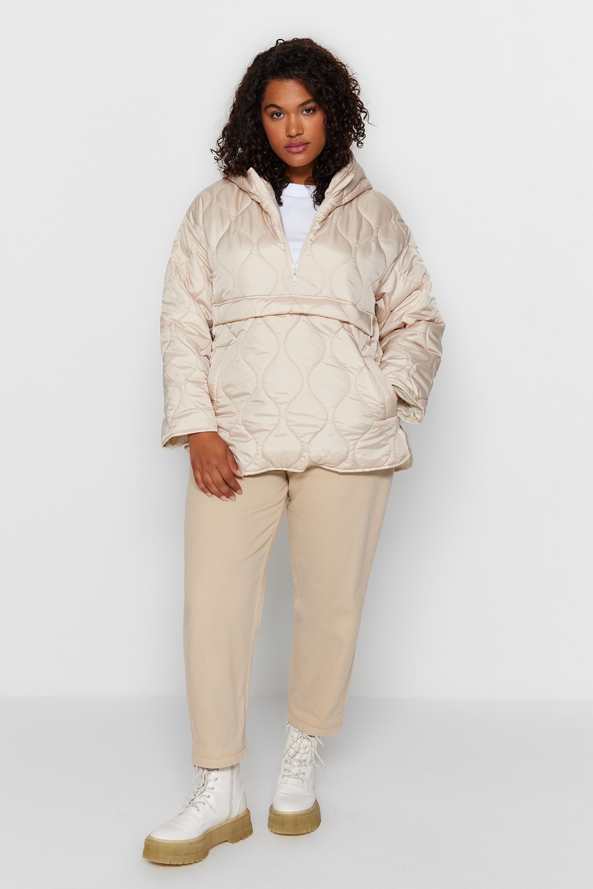 Trendyol Curve Plus Size Winterjacket - Beige - Basic