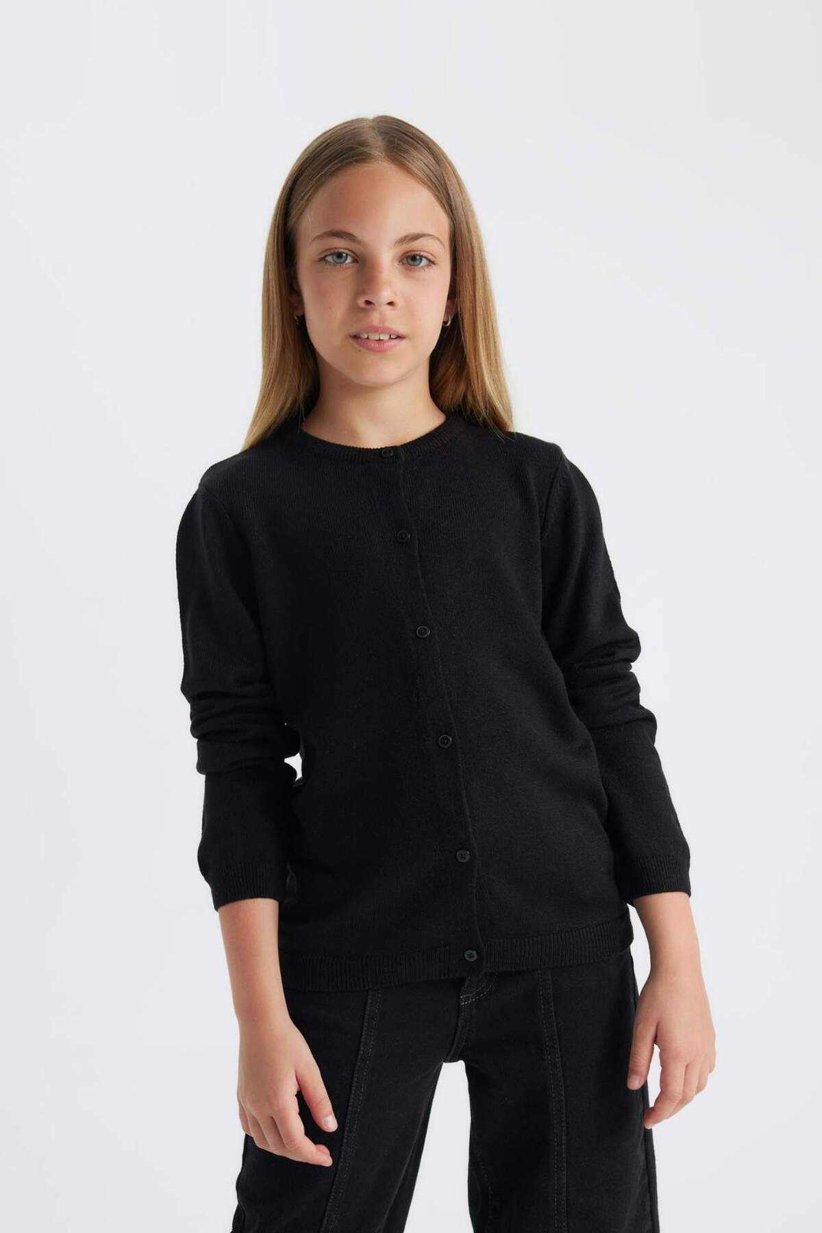 DEFACTO Girl's Black Crew Neck Knitwear School Cardigan