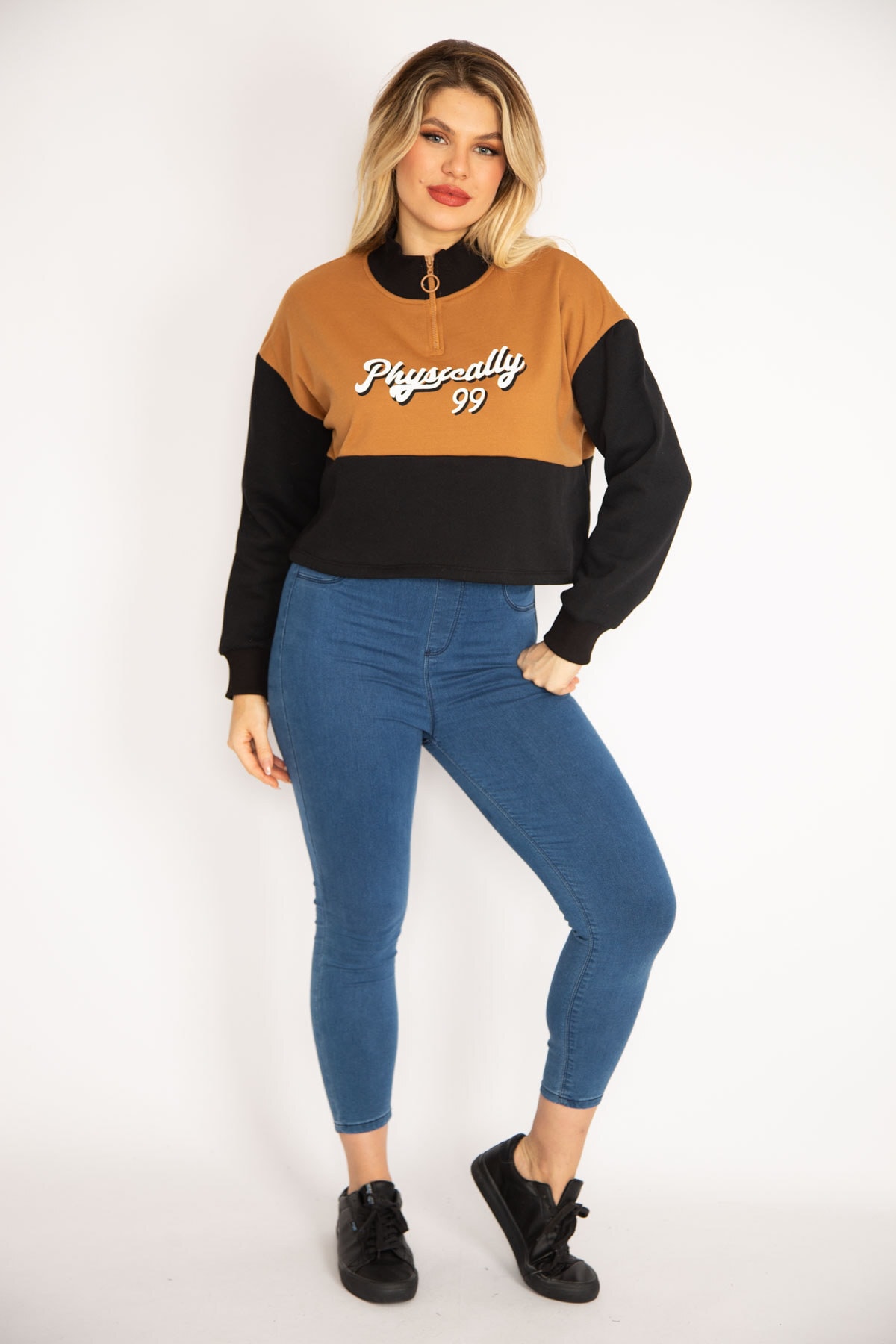 Şans Women's Plus Size Tandem Rayon 3-Thread Collar Two-tone Zippered Sweatshirt