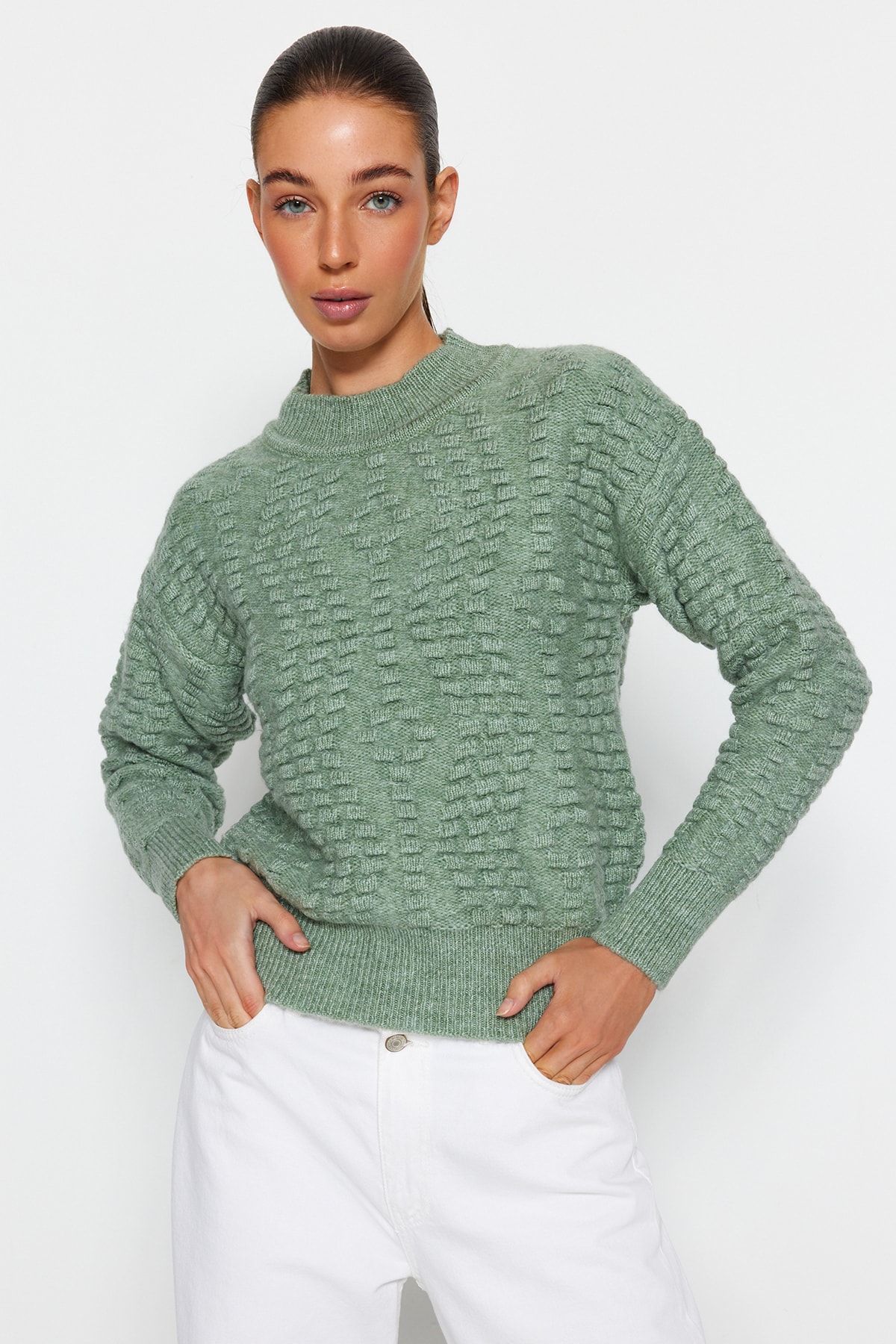 Trendyol Mint Soft Textured Crewneck Knitwear Sweater