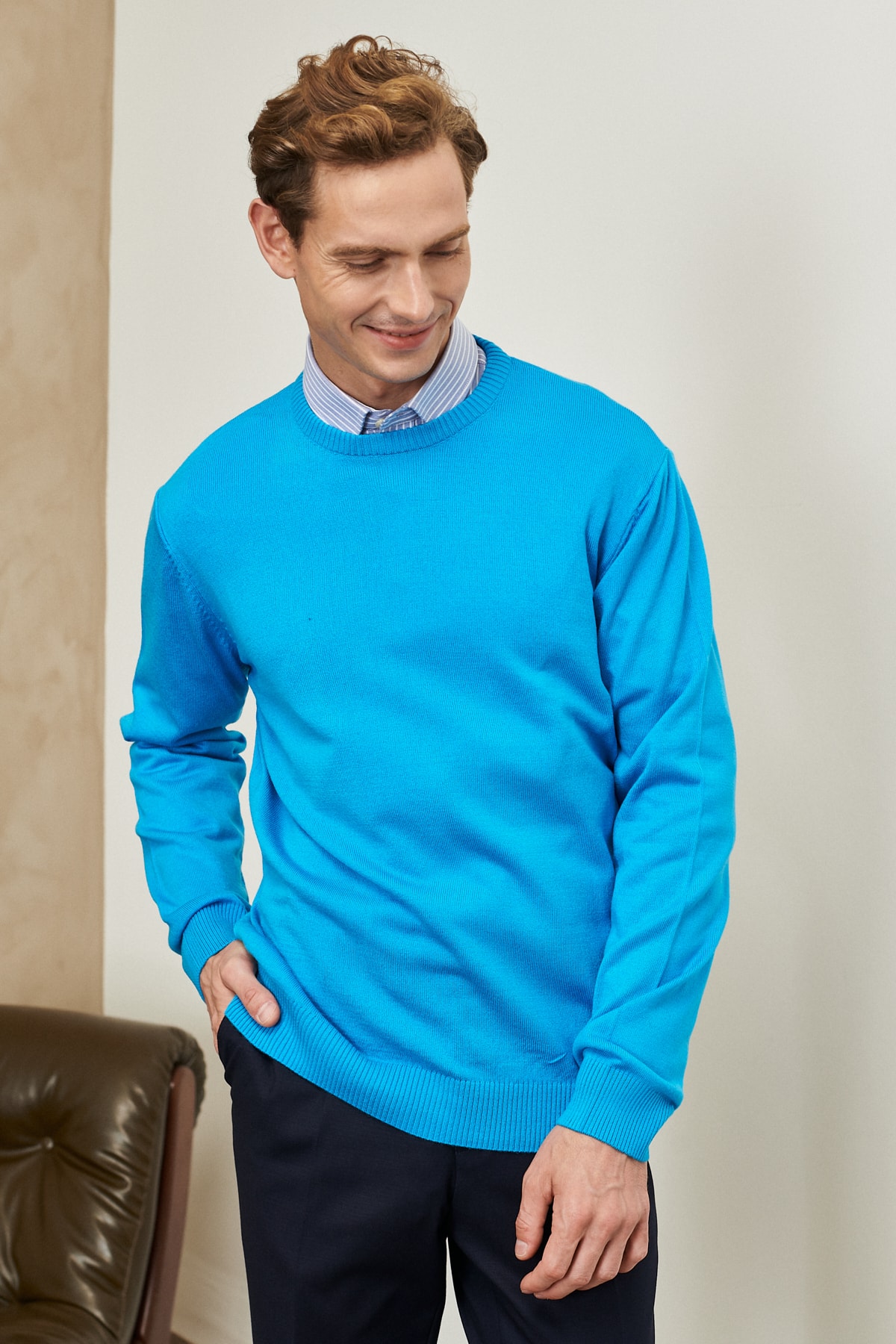ALTINYILDIZ CLASSICS Men's Turquoise Standard Fit Normal Cut Crew Neck Knitwear Sweater