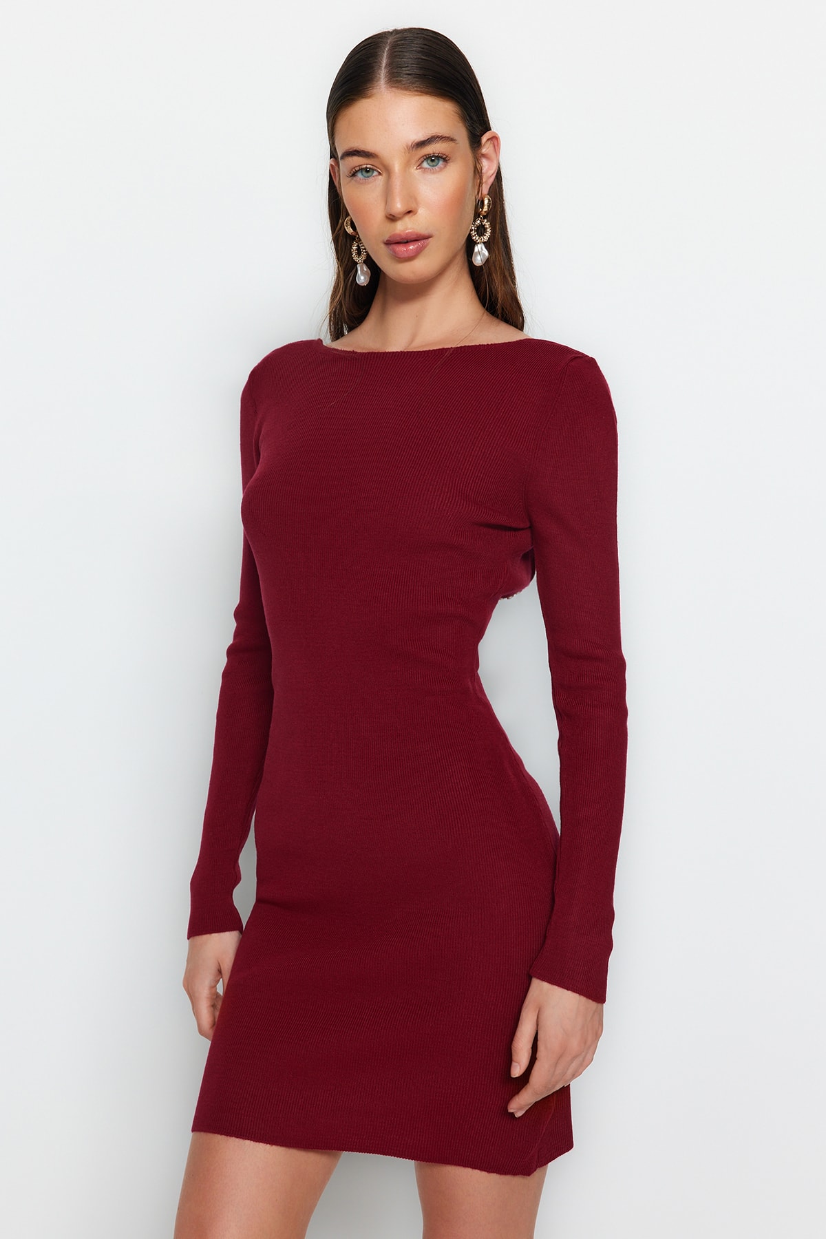 Trendyol Claret Red Mini Knitwear Fitted Dress with Back Detail