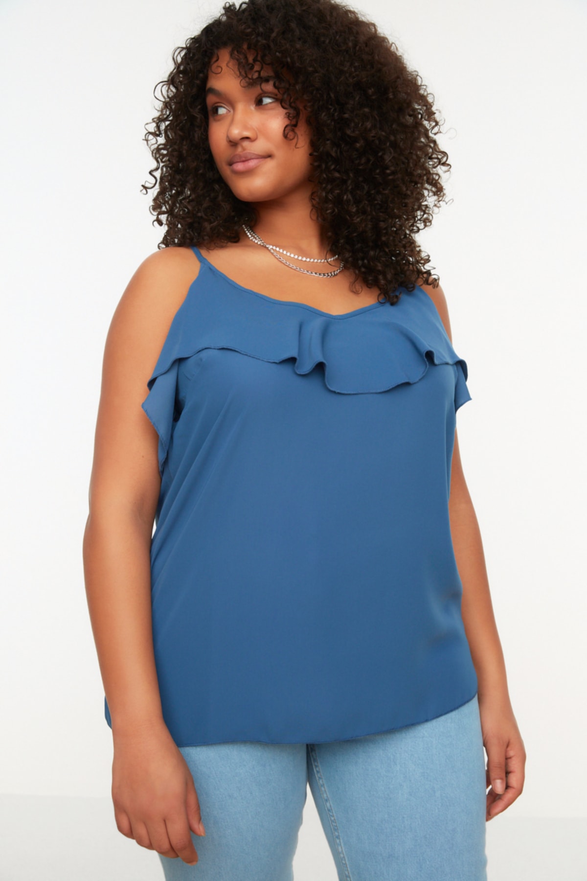 Trendyol Curve Blue Woven Strapless Blouse with Ruffles