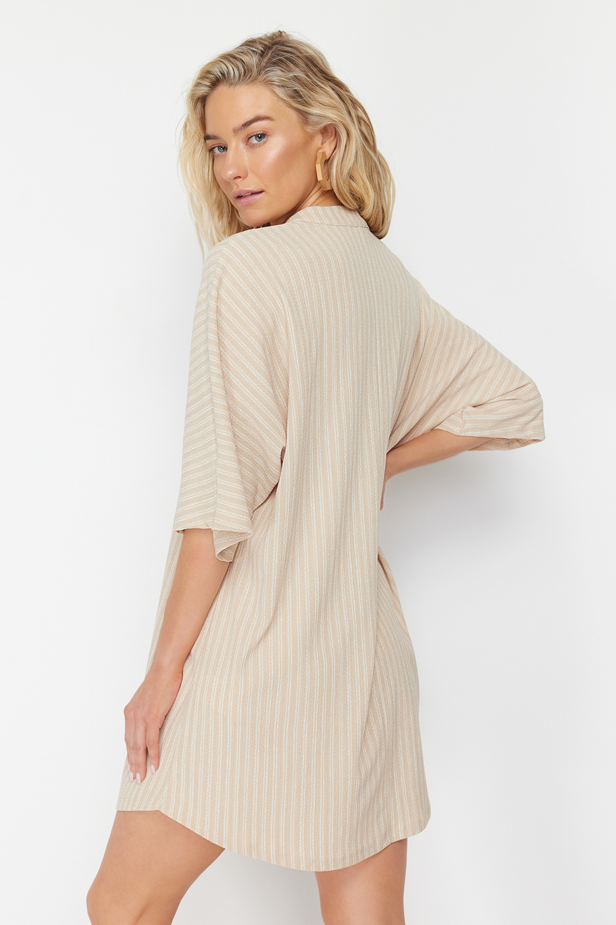 Trendyol Beige Wide Fit Mini Knitted Tied Beach Dress