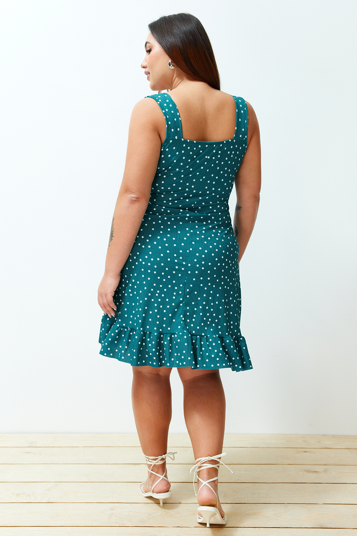 Trendyol Curve Oil Polka Dot Patterned Bow Collar Flounce A-Line Mini Summer Knitted Dress