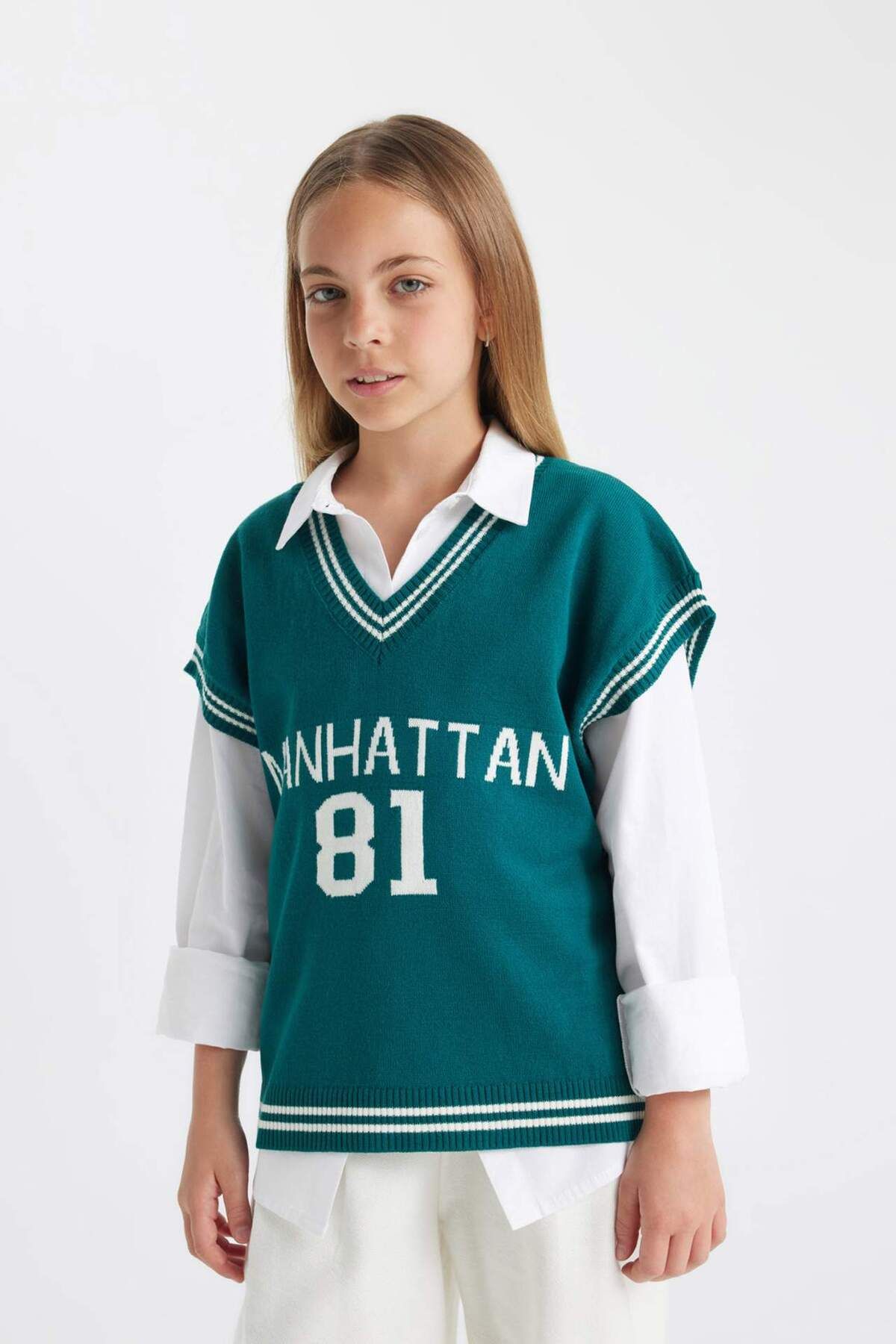 DEFACTO Girls' V-Neck College School Jumper