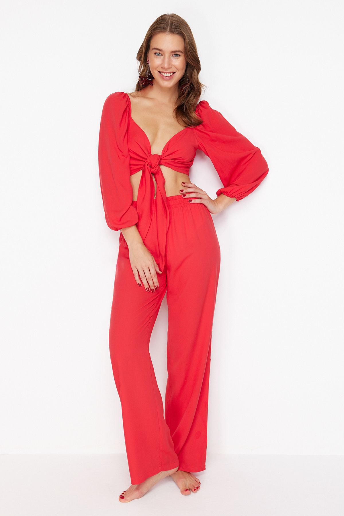 Trendyol Red Woven Tied Blouse Trousers Suit