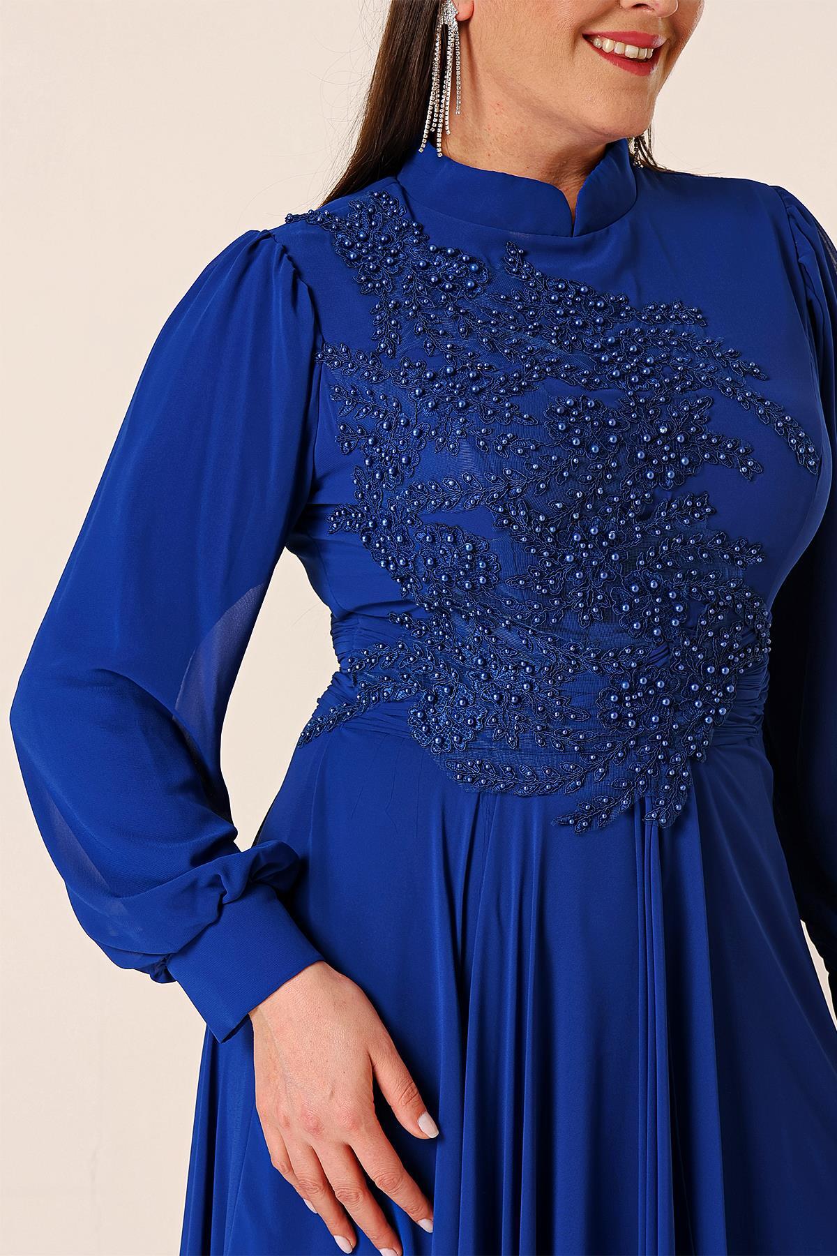 By Saygı Bead Embroidered Lined Flounce Front Plus Size Long Chiffon Dress