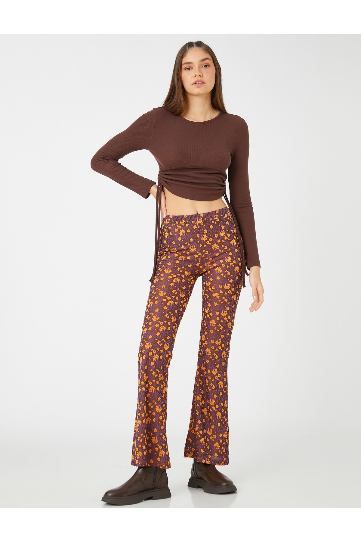 Koton Flared Leg Trousers With Floral Elastic Waist