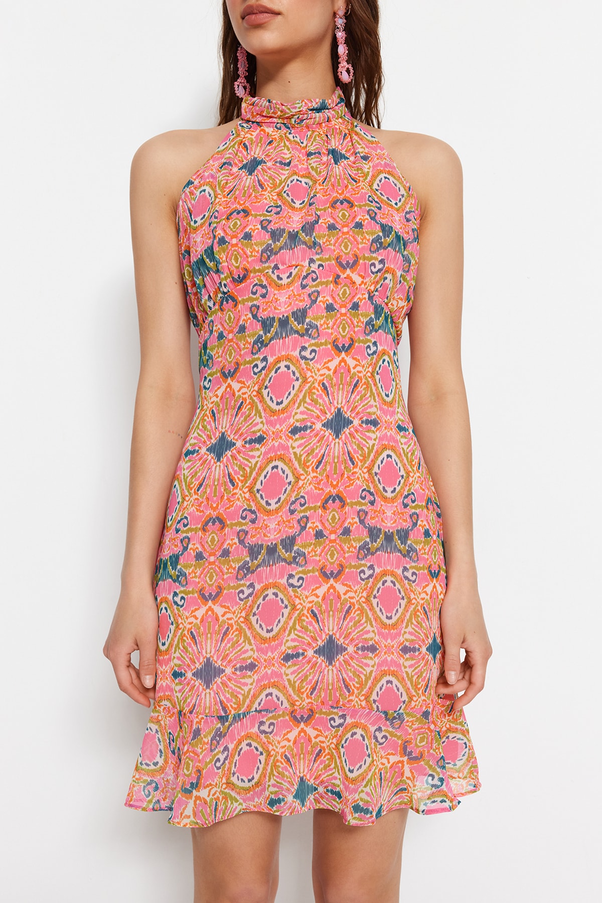 Rochie țesută Trendyol Pink cu decolteu înalt