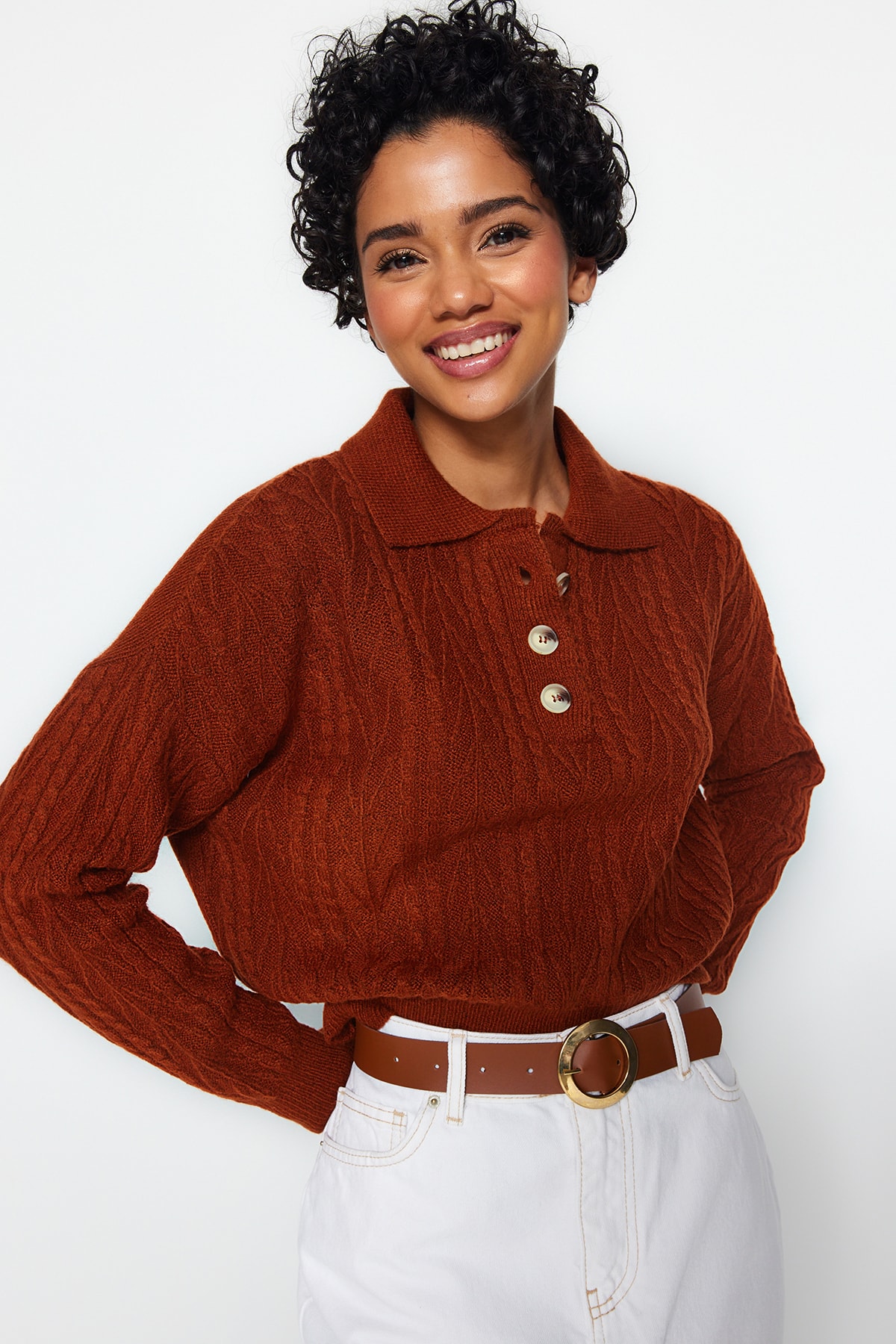 Trendyol Tile Crop Soft Texture Braided Knitwear Sweater