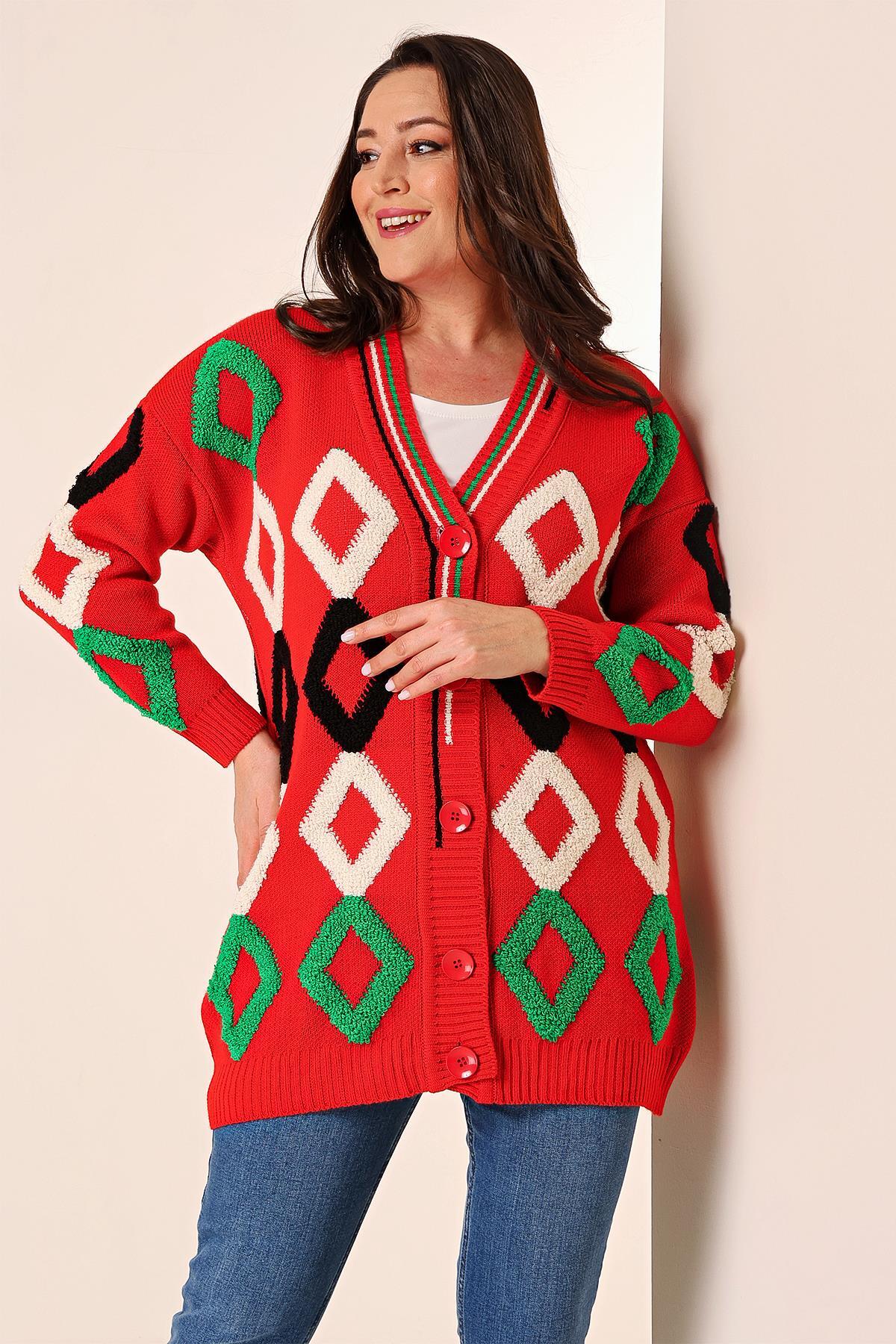 By Saygı Oversize Towel Baklava Pattern Long Knitwear Cardigan