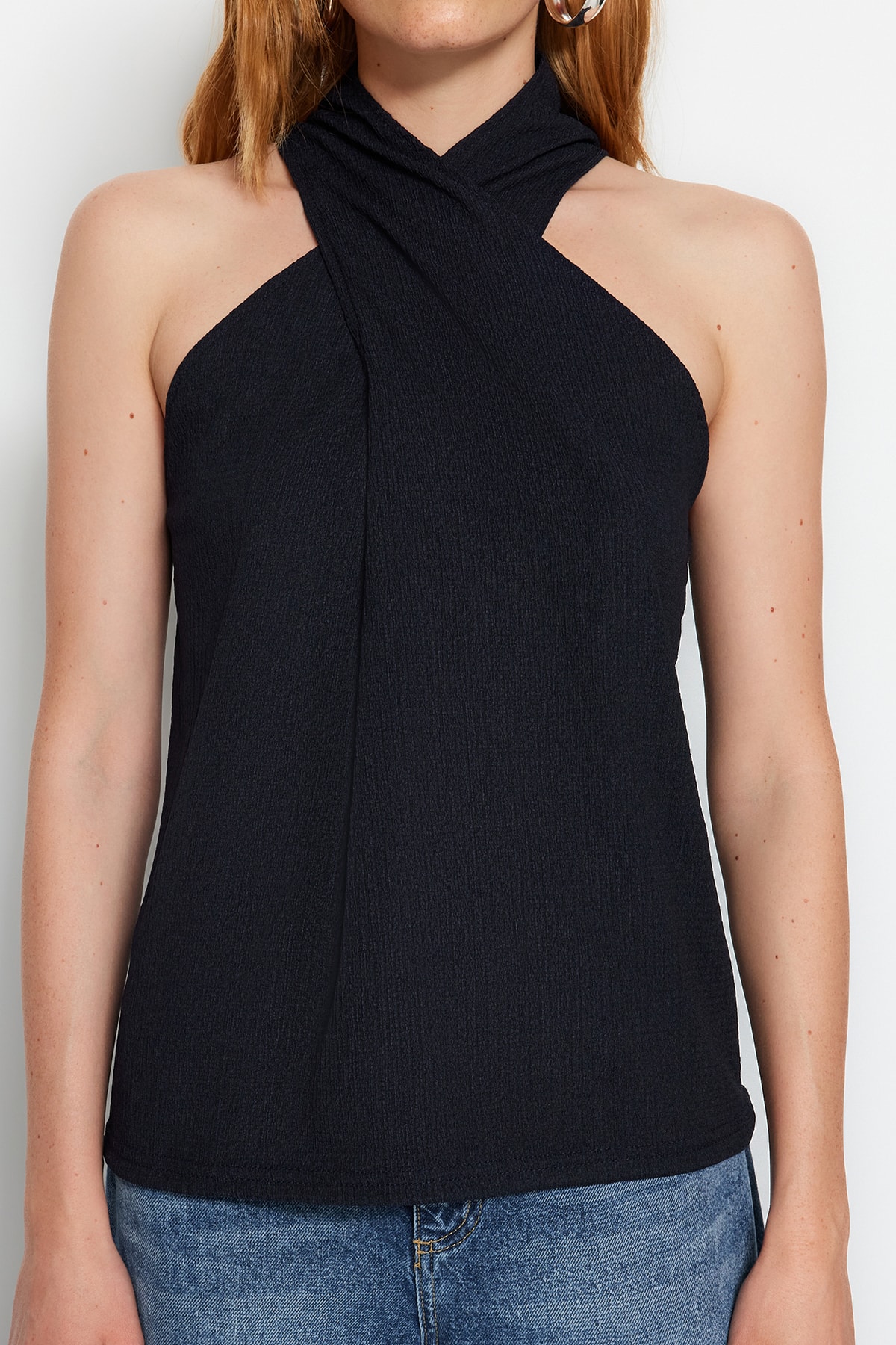 Trendyol Dark Navy Collar Detailed Wrapped/Textured Knitted Blouse