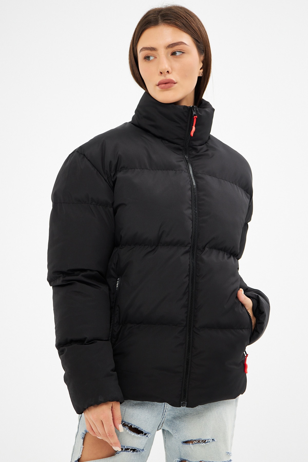 D1fference Dámsky čierny vnútorná podšívka nepremokavý a vetruodolný nafukovací zimný kabát.