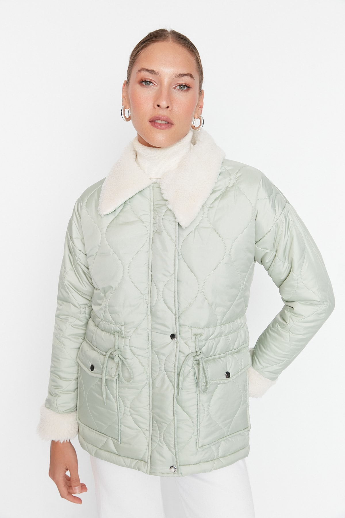 Trendyol Mint Oversized Collar Plush Detailed Quilted Coat
